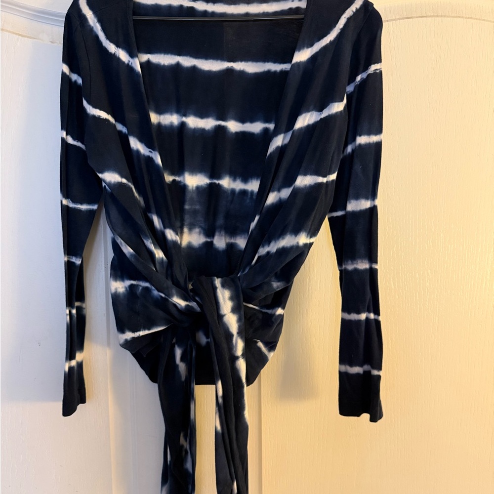 Blue and White Tie Front Wrap Blouse